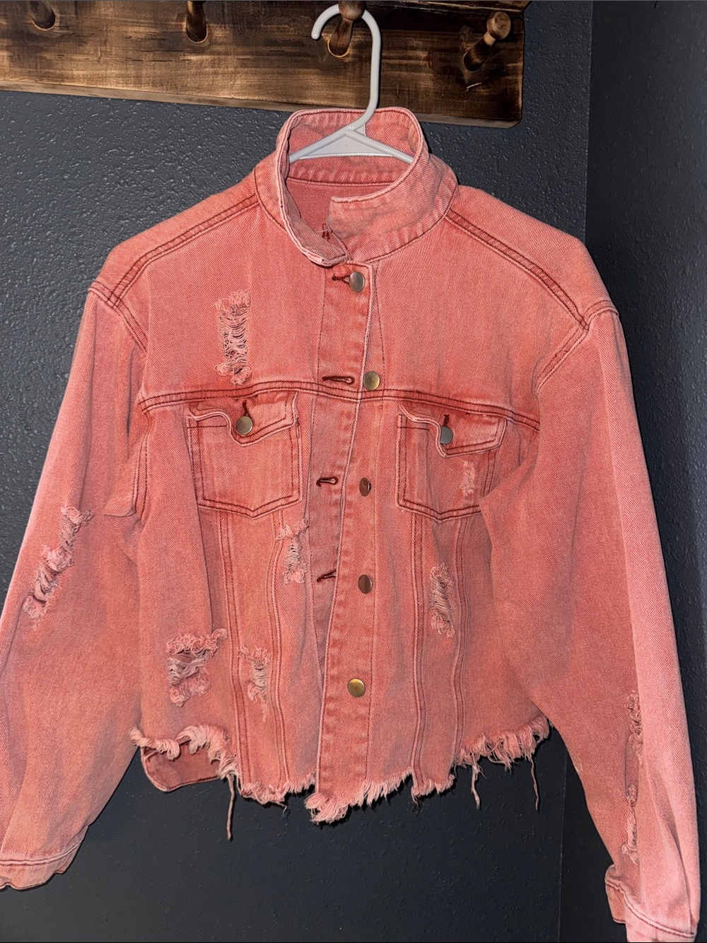POL Coral Pink Distressed Denim Jacket - Women's